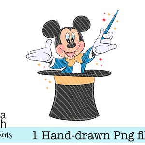 May include: A cartoon mouse in a blue jacket and yellow bow tie, emerging from a black top hat with a gold band. The mouse holds a blue wand with stars. The text "1 Hand-drawn Png files" is at the bottom of the image.