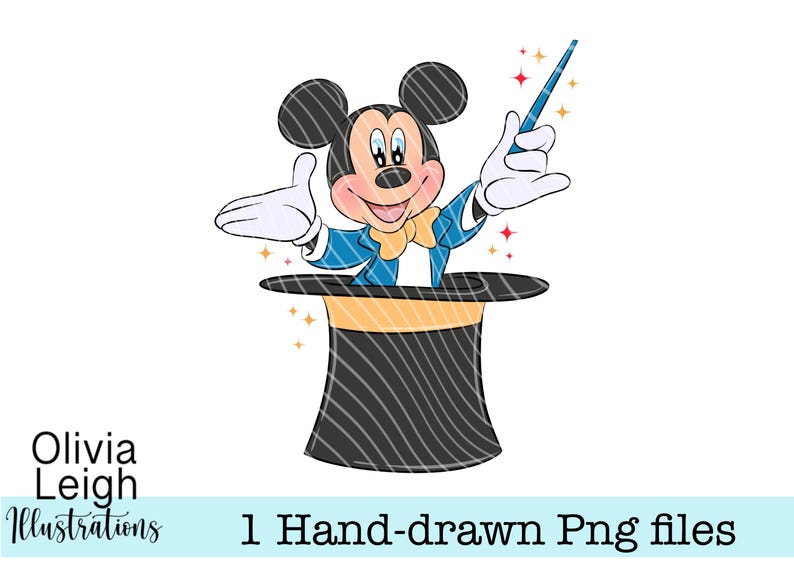 May include: A cartoon mouse in a blue jacket and yellow bow tie, emerging from a black top hat with a gold band. The mouse holds a blue wand with stars. The text "1 Hand-drawn Png files" is at the bottom of the image.
