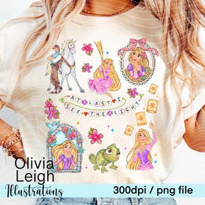 May include: A digital illustration set featuring Rapunzel from Disney's Tangled. The set includes Rapunzel with long blonde hair, a chameleon, a horse, and a lantern. The set also includes the phrase "At last I see the light" in a banner with hearts and flowers.
