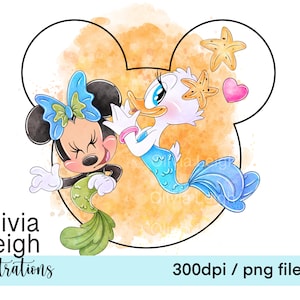 Minnie And Daisy Duck Mermaid Cute Beach Clipart Sublimation PNG Files DIGITAL DOWNLOAD Printable