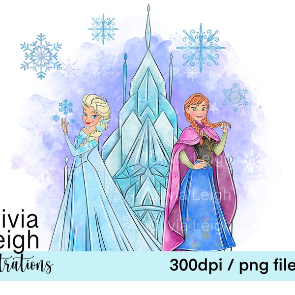 Frozen Princess Anna And Elsa Castle Cute Clipart Sublimation PNG Files DIGITAL DOWNLOAD Children's Printable