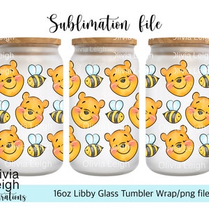 Winnie l'ourson, gobelet abeille, fichier png TÉLÉCHARGEMENT NUMÉRIQUE Gobelet en verre de 16 oz conçu pour l'impression UVDTF.