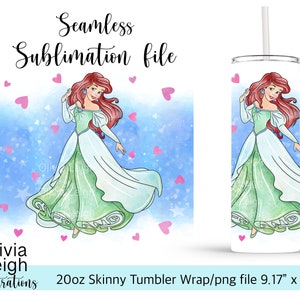 Princess Ariel Sublimation Design Wrap PNG File DIGITAL DOWNLOAD 20oz Skinny Tumbler Design image 1