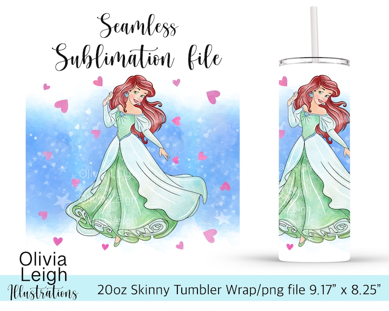 Princess Ariel Sublimation Design Wrap PNG File DIGITAL DOWNLOAD 20oz Skinny Tumbler Design image 1