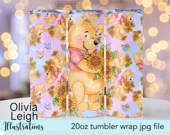 Winnie The Pooh Sunflowers Sublimation Design Cup Wrap DIGITAL DOWNLOAD 20oz Skinny Tumbler Design