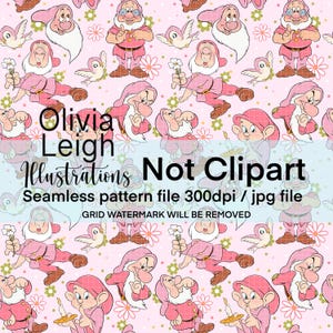 Pode incluir: Um padrão sem costura com um fundo rosa com um design repetitivo de flores rosa e brancas, pássaros brancos e anões de desenho animado usando chapéus rosa e roupas rosa e brancas. O texto "Olivia Leigh Illustrations Not Clipart" está na parte inferior da imagem.