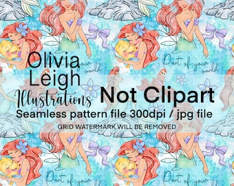 May include: A repeating pattern with illustrations of a mermaid, a yellow fish, and other sea creatures. The design includes the text "Olivia Leigh Illustrations Not Clipart" on a light blue background. The pattern is a seamless file.
