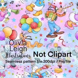 Cute Mickey, Minnie And Friends Party Repeat Seamless Pattern. Digital Paper. DIGITAL DOWNLOAD Printable