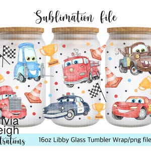 May include: Three 16oz glass tumblers with sublimation wraps featuring a variety of cartoon cars in red, blue, brown, and green. The tumblers are decorated with checkered flags, trophies, and polka dots. The text "Sublimation file" is at the top of the image. The text "16oz Libby Glass Tumbler Wrap/png file" is at the bottom of the image. The text "Olivia Leigh Illustrations" is at the bottom left of the image.