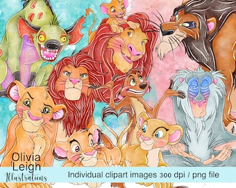 Puede incluir: Ilustración digital de un grupo de animales de dibujos animados de la película El Rey León. Los personajes incluyen Simba, Nala, Timon, Pumbaa, Scar y una hiena. Los personajes están dibujados en un estilo acuarela con un fondo rosa y azul.