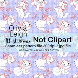 May include: Seamless pattern featuring white cartoon cats with pink bows on a light purple background. The text "Olivia Leigh Illustrations Not Clipart" is displayed. The pattern is a seamless file at 300dpi.
