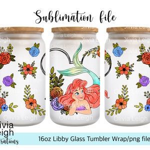 Princess Ariel Mermaid Cup Wrap Png File DIGITAL DOWNLOAD 16oz Glass Tumbler Design For UVDTF printing. image 1