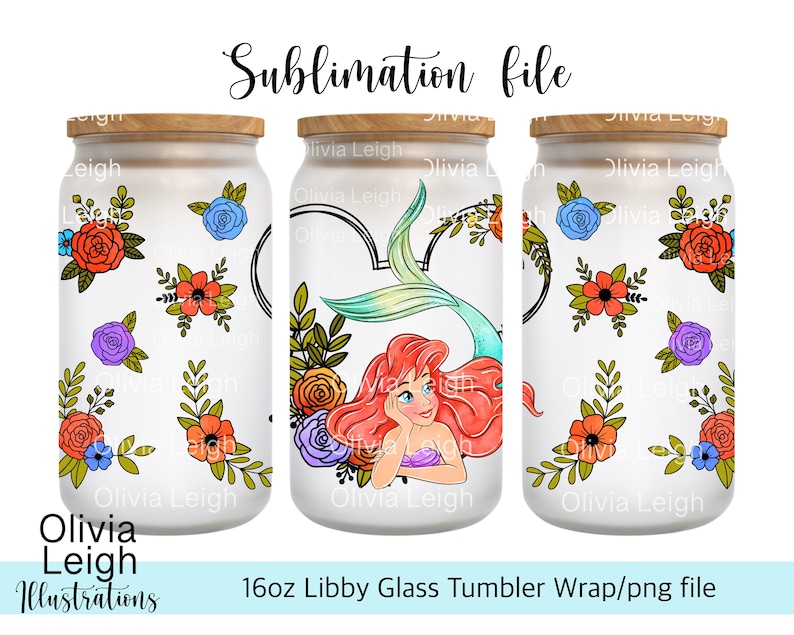 Princess Ariel Mermaid Cup Wrap Png File DIGITAL DOWNLOAD 16oz Glass Tumbler Design For UVDTF printing. image 1