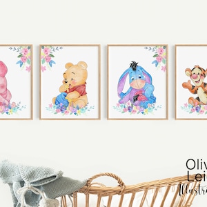 Set Of Four Floral Baby Winnie The Pooh, Eeyore, Piglet And Tigger Children&#39;s Art Print-Watercolour Wall Art DIGITAL DOWNLOAD Printable
