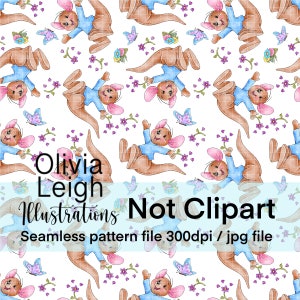 May include: A seamless pattern featuring a cartoon kangaroo wearing a blue shirt and holding a flower. The background is white with pink and purple flowers and butterflies.