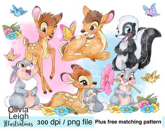 Ensemble de fichiers Bambi et Panpan mignons Clipart PNG TÉLÉCHARGEMENT NUMÉRIQUE imprimable. Modèle sans couture pour enfants inclus