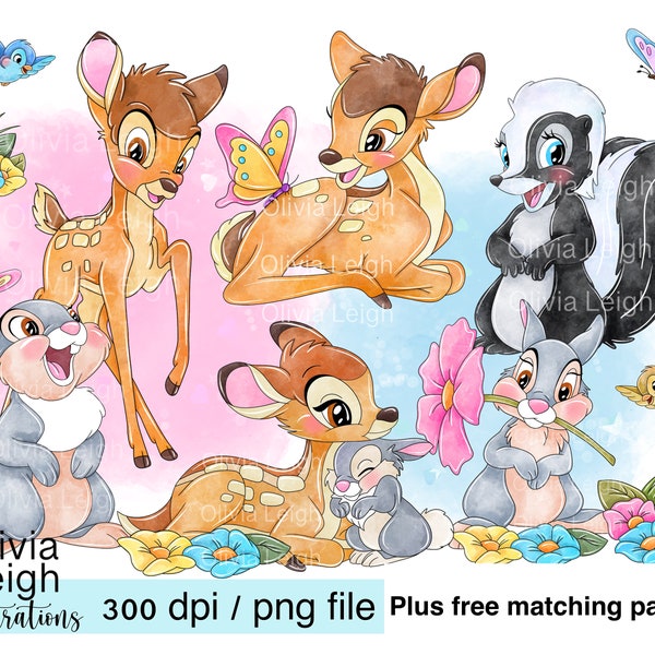 Set di file PNG Clipart carini di Bambi e Thumper DOWNLOAD DIGITALE stampabile. Modello senza cuciture per bambini incluso