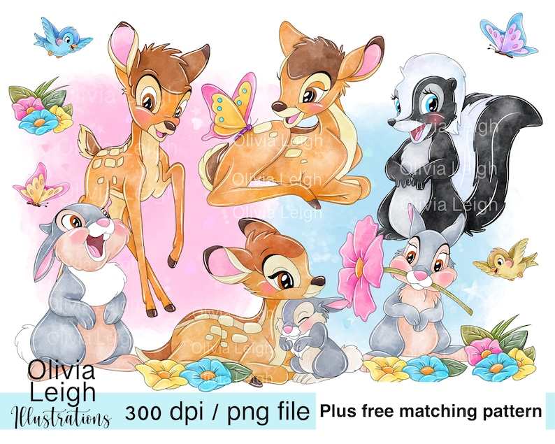 Ensemble de fichiers Bambi et Panpan mignons Clipart PNG TÉLÉCHARGEMENT NUMÉRIQUE imprimable. Modèle sans couture pour enfants inclus image 1