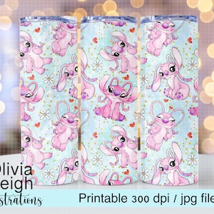 May include: Three 20 oz tumbler designs featuring a light blue background with pink Stitch characters and white hearts. The text "Printable 300 dpi / jpg file" is at the bottom of the image.