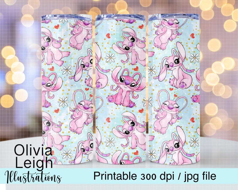 May include: Three 20 oz tumbler designs featuring a light blue background with pink Stitch characters and white hearts. The text "Printable 300 dpi / jpg file" is at the bottom of the image.