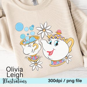 Sra. Pots, Princesa Bella, La Bella y la Bestia, Archivo PNG de diseño de camiseta con estilo floral DESCARGA DIGITAL