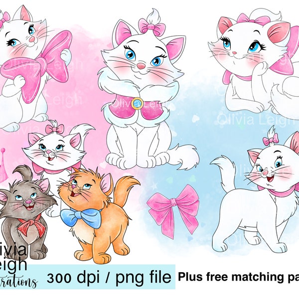 Set di aristocratici gattini carino Clipart PNG file DOWNLOAD DIGITALE stampabile. Modello senza cuciture per bambini incluso