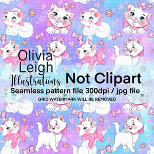 May include: A seamless pattern featuring white cartoon cats with pink bows and accents, set against a gradient purple and blue background. The design includes hearts, flowers, and bows. Text reads "Olivia Leigh Illustrations Not Clipart".