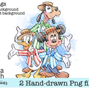Puede incluir: Ilustración dibujada a mano de Mickey Mouse, el Pato Donald y Goofy con trajes a juego. Mickey lleva un traje a rayas azules, Donald a rayas rojas y Goofy a rayas verdes. Los tres personajes llevan sombreros y pajaritas.