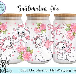 Aristochats fleurs roses florales Sublimation Wrap fichier PNG TÉLÉCHARGEMENT NUMÉRIQUE Gobelet en verre 16 oz Design imprimable Uv-dtf