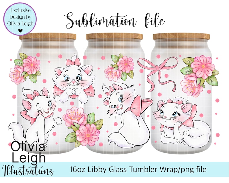 Puede incluir: Tres vasos de vidrio de 16 oz con envolturas de sublimaci&oacute;n que presentan un dise&ntilde;o floral rosa y un gato blanco con acentos rosas. El texto "Olivia Leigh Illustrations" est&aacute; en la parte inferior de la imagen.