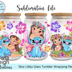 May include: Three sublimation designs for 16oz Libby glass tumblers featuring Stitch and Angel from Lilo & Stitch. The designs feature Stitch and Angel in various poses with tropical flowers and leaves. The text "Olivia Leigh Illustrations" is at the bottom of the image.