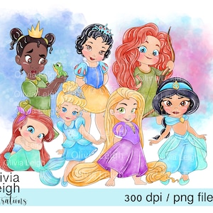 Set baby peuter prinsessen Assepoester, Ariel, Tiana, Jasmine, Brave Cute clipart png-bestanden DIGITALE DOWNLOAD afdrukbare