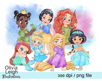 Set Of Baby Toddler Princesses Cinderella, Ariel, Tiana, Jasmine, Brave Cute Clipart PNG Files DIGITAL DOWNLOAD Printable