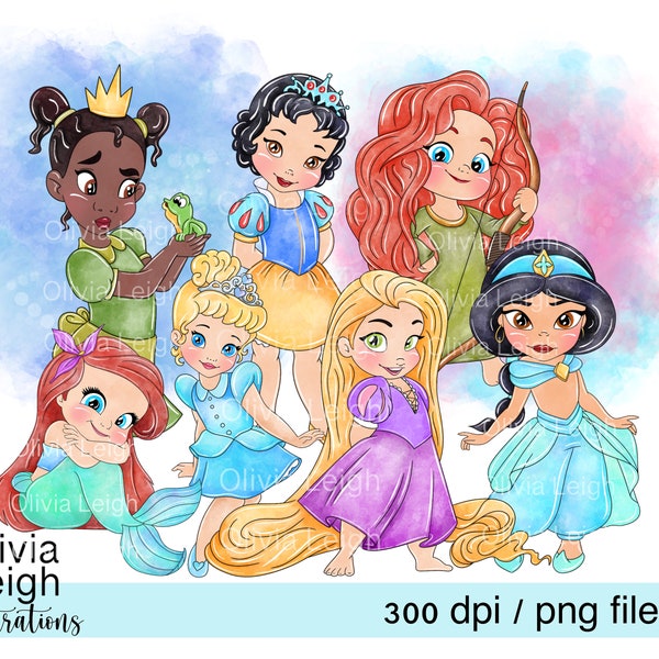 Ensemble de bébés princesses Cendrillon, Ariel, Tiana, Jasmine, courageux mignon Clipart PNG fichiers TÉLÉCHARGEMENT NUMÉRIQUE imprimable