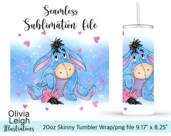 Cute Eeyore Sublimation Design Wrap PNG File DIGITAL DOWNLOAD 20oz Skinny Tumbler Design