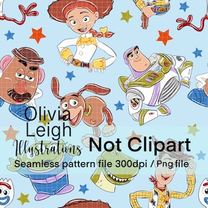 Può includere: Uno schema senza cuciture con personaggi del franchise Toy Story, tra cui Woody, Buzz Lightyear, Jessie, Slinky Dog e Mr. Potato Head. Lo schema è su uno sfondo blu chiaro con stelle rosse.