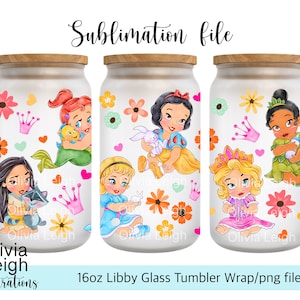Cute Princess Toddlers, Pocahontas, Ariel, Snow White, Tiana, Sleeping Beauty PNG File DIGITAL DOWNLOAD 16oz Glass Tumbler Design image 1
