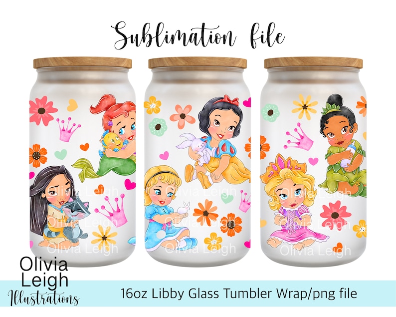 Cute Princess Toddlers, Pocahontas, Ariel, Snow White, Tiana, Sleeping Beauty PNG File DIGITAL DOWNLOAD 16oz Glass Tumbler Design image 1