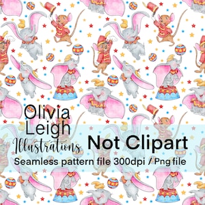 Puede incluir: Un patrón sin costuras con fondo blanco con un patrón repetido de un elefante gris con orejas rosas, una carpa de circo roja y amarilla y una pelota roja y amarilla. El elefante lleva un sombrero amarillo y una camisa a rayas rojas y amarillas. El patrón también incluye una estrella roja y amarilla y una estrella azul y amarilla.