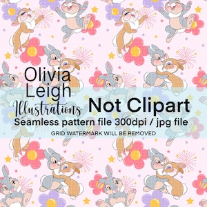 Puede incluir: Un patrón sin costuras que presenta una pareja de conejos de dibujos animados abrazándose, rodeados de flores rosas, estrellas y fuegos artificiales. El texto "Olivia Leigh Illustrations Not Clipart" está en la parte inferior de la imagen.
