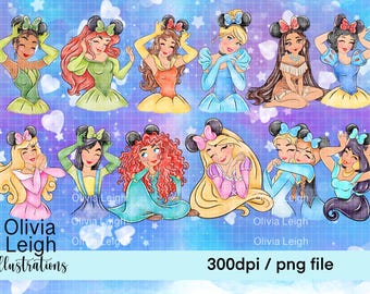 Set Of Cute Princess Clipart PNG Files DIGITAL DOWNLOAD Printable