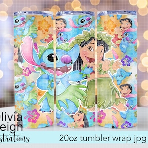 Lilo And Stitch Floral Sublimation Design Cup Wrap DIGITAL DOWNLOAD 20oz Skinny Tumbler Design image 1