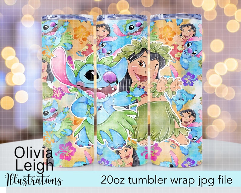 Lilo And Stitch Floral Sublimation Design Cup Wrap DIGITAL DOWNLOAD 20oz Skinny Tumbler Design image 1