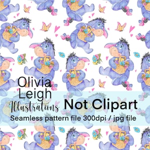 May include: A repeating pattern with a cartoon donkey holding a basket of flowers, butterflies, and hearts on a white background. The donkey is light purple with pink accents. The text "Olivia Leigh Illustrations Not Clipart" is included.
