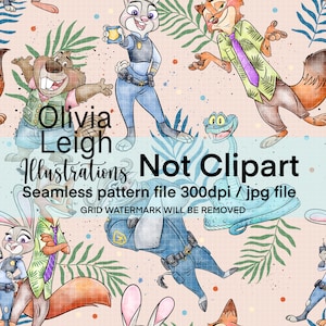 May include: A seamless pattern with cartoon characters, such as a rabbit police officer and a fox in a green shirt and purple tie. The design includes tropical leaves and the text "Olivia Leigh Illustrations Not Clipart".