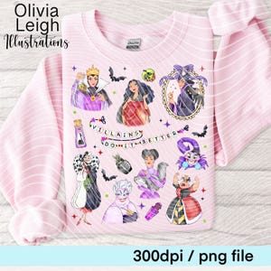 May include: Pink sweatshirt with illustrations of various villains, including the Evil Queen, Cruella de Vil, and Ursula. The text "Villains Do It Better" is also featured. The sweatshirt has long sleeves and a crew neck.
