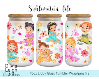 Cute Princess Toddlers, Brave, Mulan, Jasmine, Anna, Sleeping Beauty PNG File DIGITAL DOWNLOAD 16oz Glass Tumbler Design
