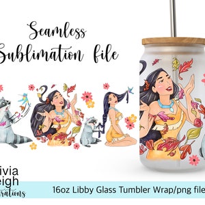 Cute Princess Pocahontas Sublimation Wrap PNG File DIGITAL DOWNLOAD 16oz Glass Tumbler Design