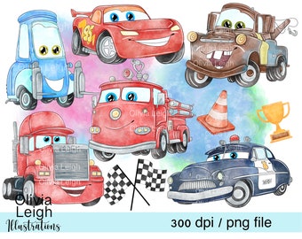 Set Of Cars Cute Clipart Watercolour Backgrounds PNG Files DIGITAL DOWNLOAD Commercial Use Printable