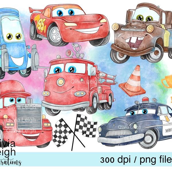 Conjunto de coches lindo clipart acuarela fondos PNG archivos DIGITAL DESCARGAR Uso comercial imprimible